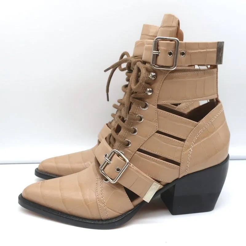 Chloe Rylee Cutout Lace-Up Ankle Boots Beige Croc-Effect Leather Size 38.5