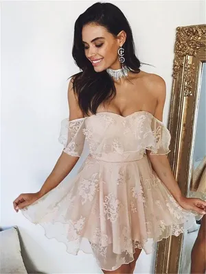 Cute Lace Pink Off-shoulder Sweetheart A-line Short Homecoming Dress, CM540