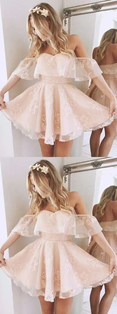 Cute Lace Pink Off-shoulder Sweetheart A-line Short Homecoming Dress, CM540