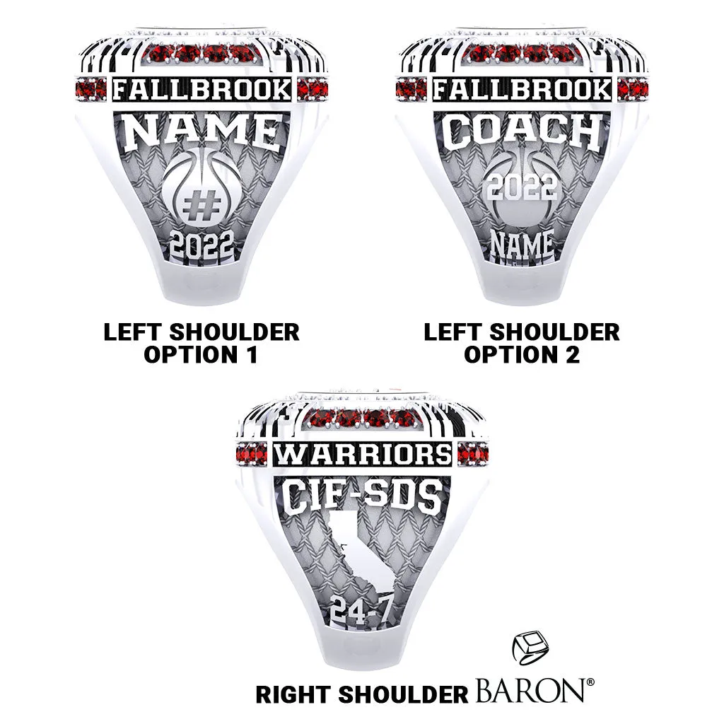 Fallbrook High School Girls Basketball 2022 Championship Ring - Design 2.5