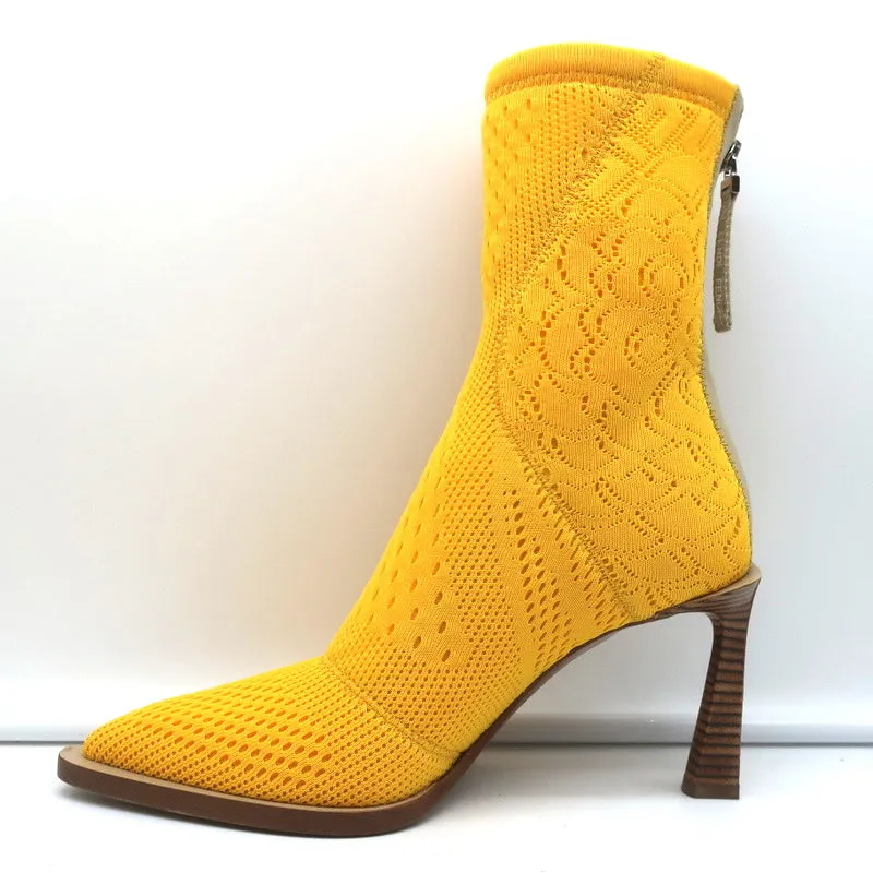 Fendi FFrame Jacquard Mesh Knit Ankle Boots Yellow Size 36 Pointed Toe Heel