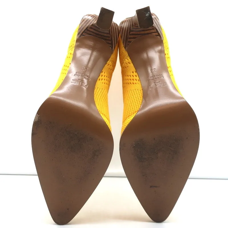 Fendi FFrame Jacquard Mesh Knit Ankle Boots Yellow Size 36 Pointed Toe Heel