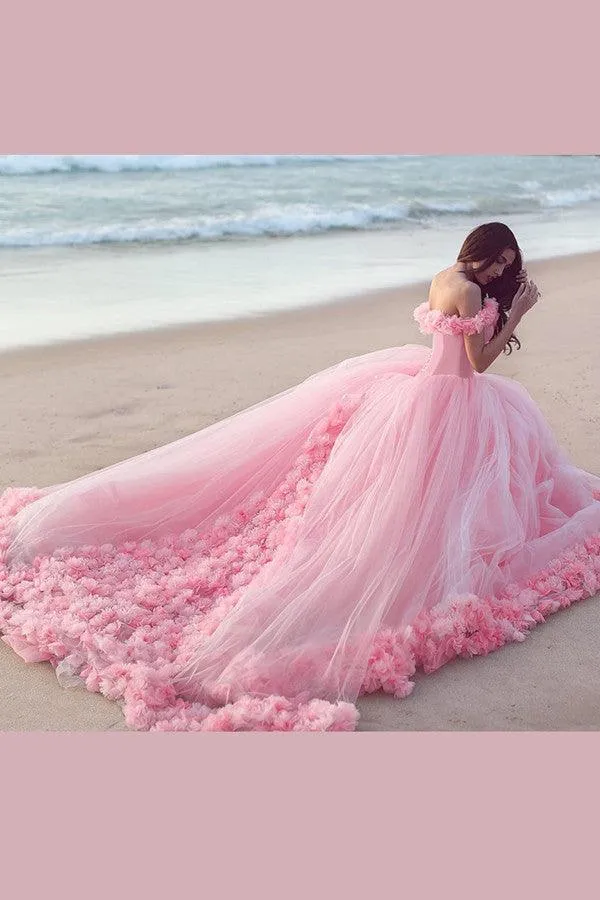 Glamorous Off-the-shoulder Ball Gown Pink Wedding Dress With Flower TN0028