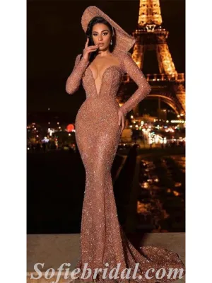 Gorgeous Sequin Deep V-Neck Long Sleeves Mermaid Long Prom Dresses,SFPD0451
