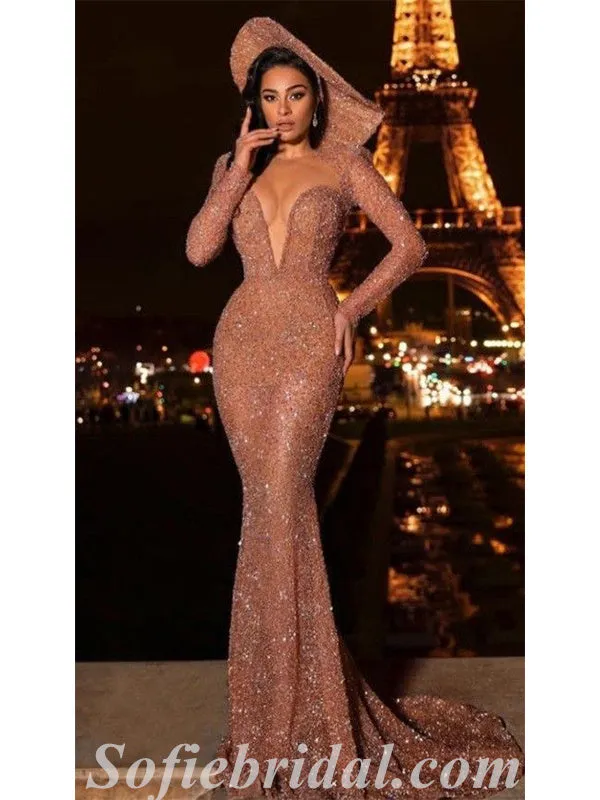 Gorgeous Sequin Deep V-Neck Long Sleeves Mermaid Long Prom Dresses,SFPD0451