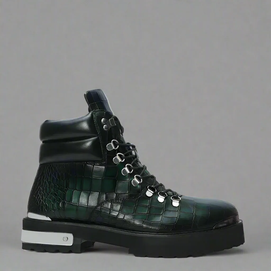 GREEN CROC LEATHER LACE UP BOOTS WITH METAL PLATES - CHELSEA BOOTS