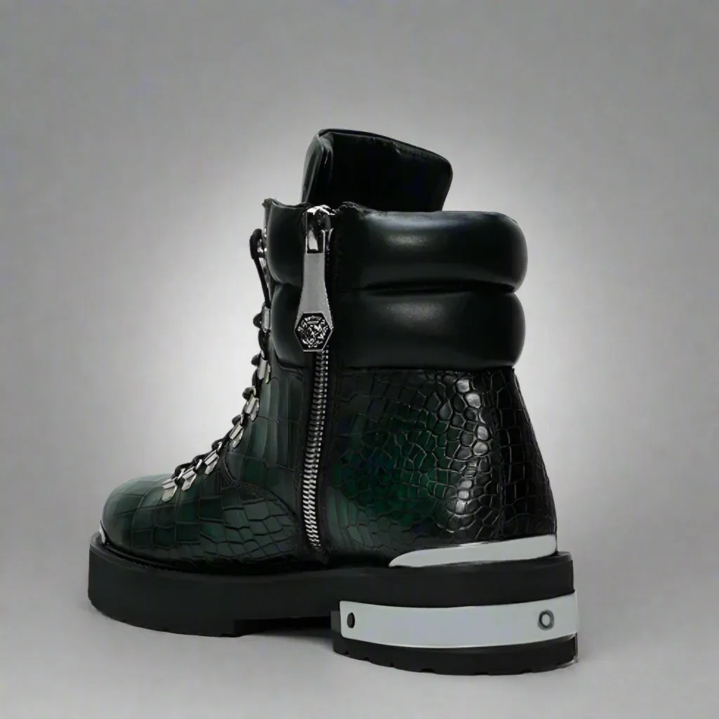 GREEN CROC LEATHER LACE UP BOOTS WITH METAL PLATES - CHELSEA BOOTS