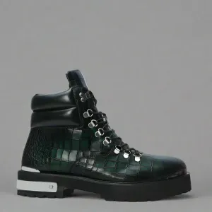 GREEN CROC LEATHER LACE UP BOOTS WITH METAL PLATES - CHELSEA BOOTS