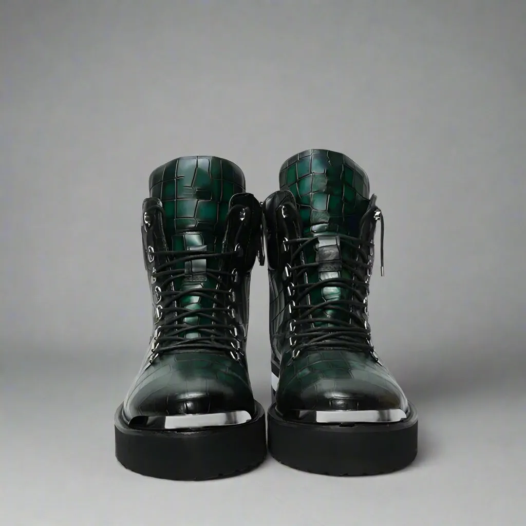 GREEN CROC LEATHER LACE UP BOOTS WITH METAL PLATES - CHELSEA BOOTS