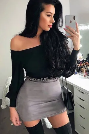 Grey Suedette Ruffle Hem Mini Skirt - Leearna