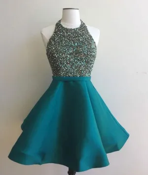 Halter Open Back Beaded Aqua Short Prom/Party Dress,Mini Tiffany Homecoming Dress Beaded Top
