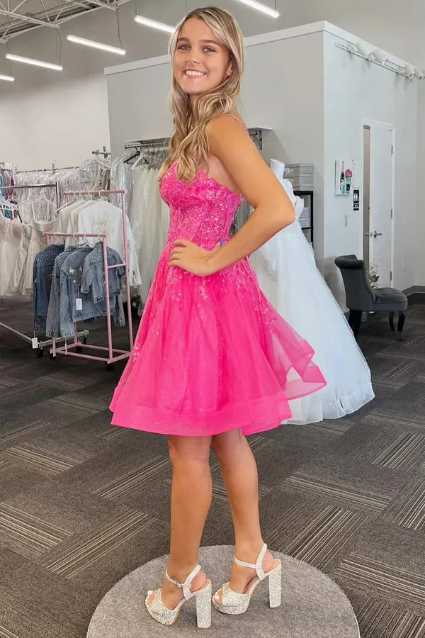 Hot Pink Tulle Sequin A-Line Short Homecoming Dress TN407