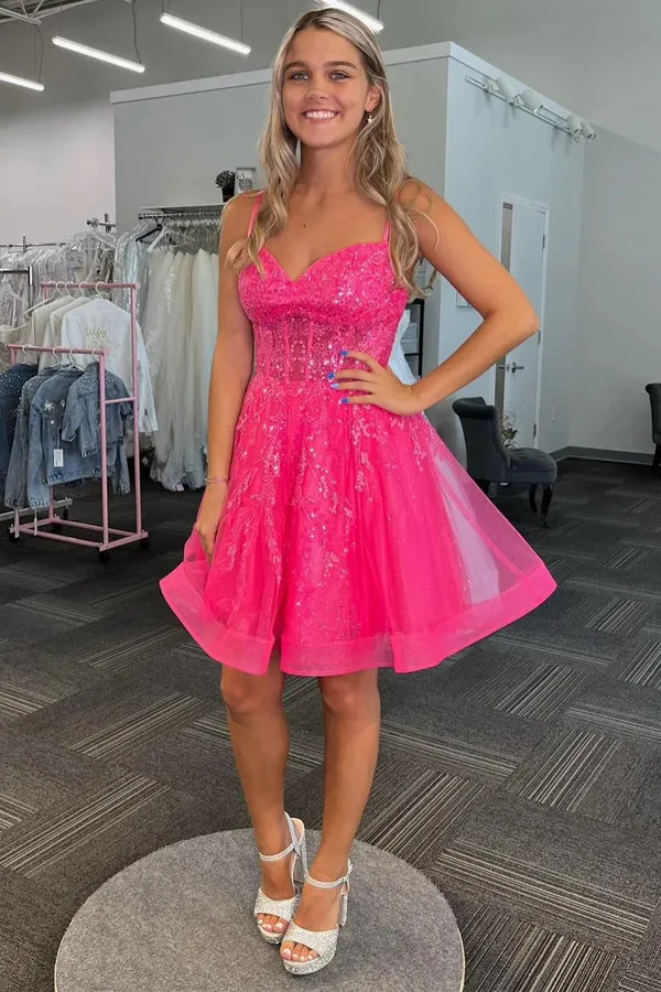 Hot Pink Tulle Sequin A-Line Short Homecoming Dress TN407