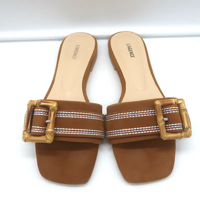 L'Agence Aurelie Bamboo Buckle Slide Sandals Brown Suede Size 7