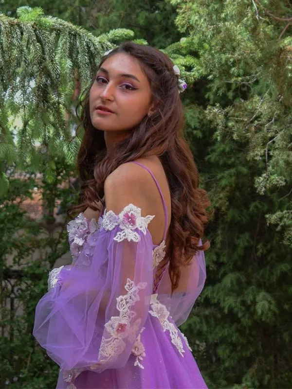 Lilac Floral Corset Top Off-shoulder Long Sleeves Side-slit A-line Long Prom Dress, PD3211