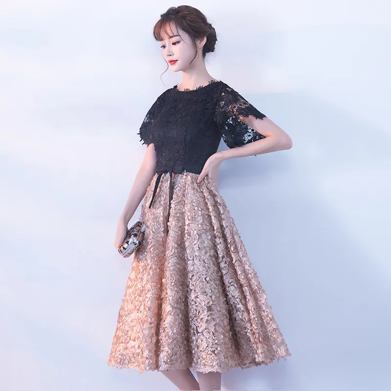 Lovely Black Lace Top Tea Length Party Dress, Black Prom Dress