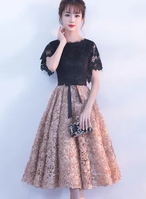 Lovely Black Lace Top Tea Length Party Dress, Black Prom Dress