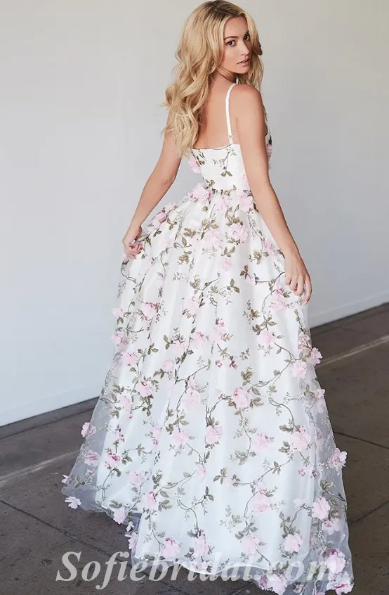Lovely Tulle Spaghetti Straps V-Neck Sleeveless A-Line Long Prom Dresses With Applique,SFPD0465
