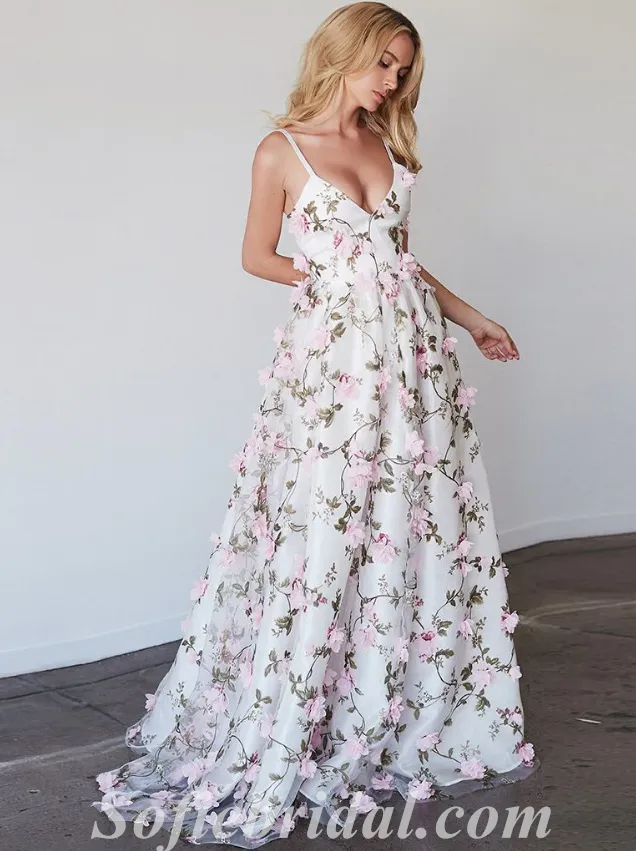 Lovely Tulle Spaghetti Straps V-Neck Sleeveless A-Line Long Prom Dresses With Applique,SFPD0465