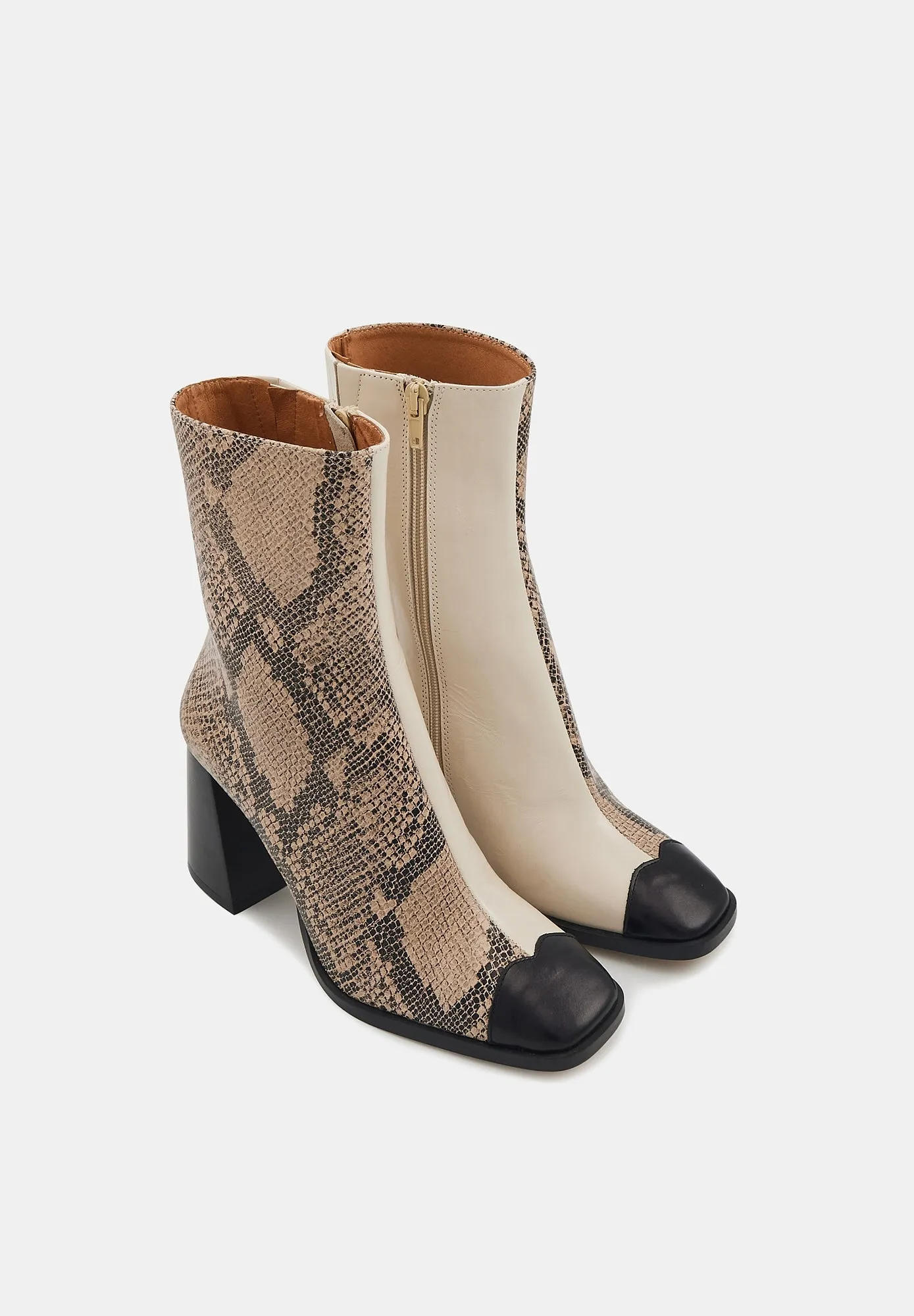 Margot-Cuir Crème, Noir et façon Snake
