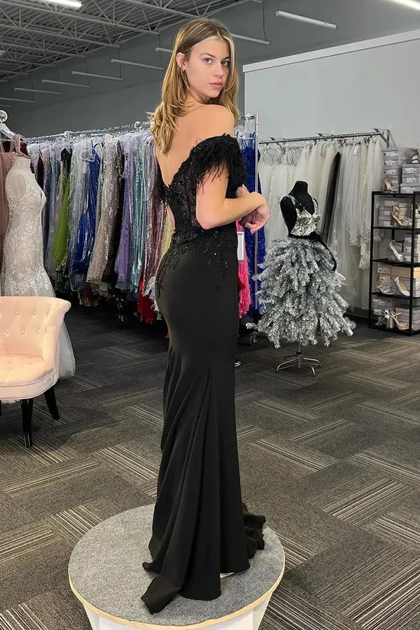 Mermaid Feathered Off the Shoulder Corset Black Prom Dress TP1353
