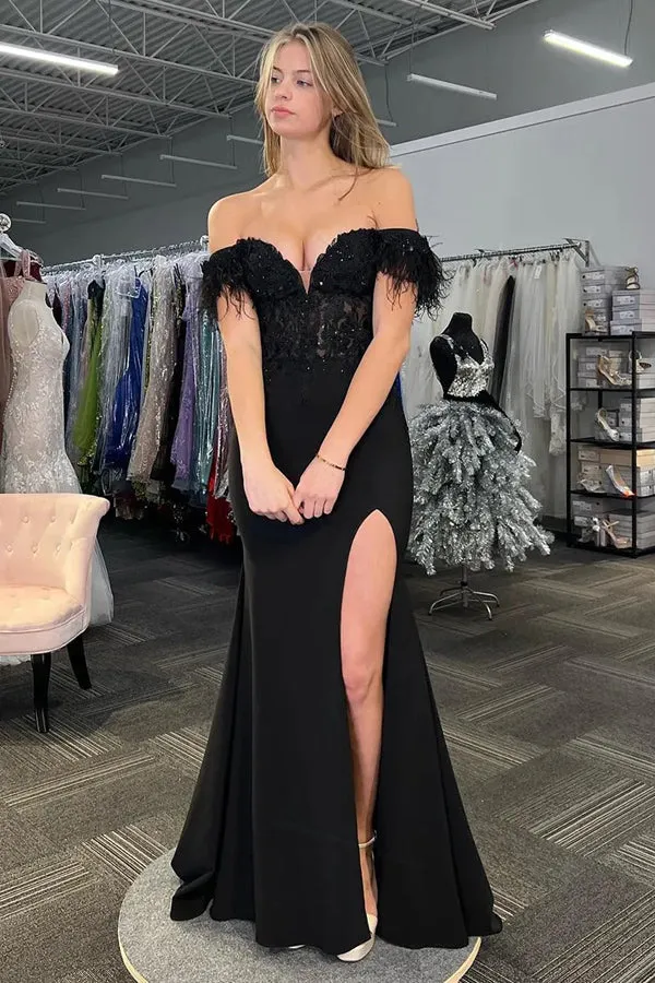 Mermaid Feathered Off the Shoulder Corset Black Prom Dress TP1353
