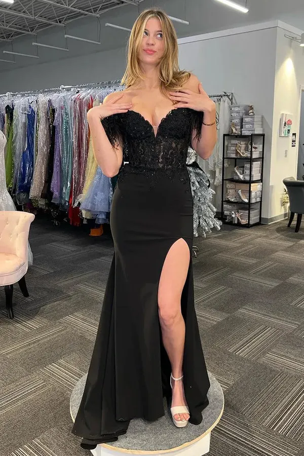 Mermaid Feathered Off the Shoulder Corset Black Prom Dress TP1353