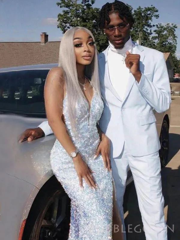 Morden Sparkly v-neck Long Sequins Evening Prom Dresses, Custom Spaghetti Straps Prom Dresses, BGS0235