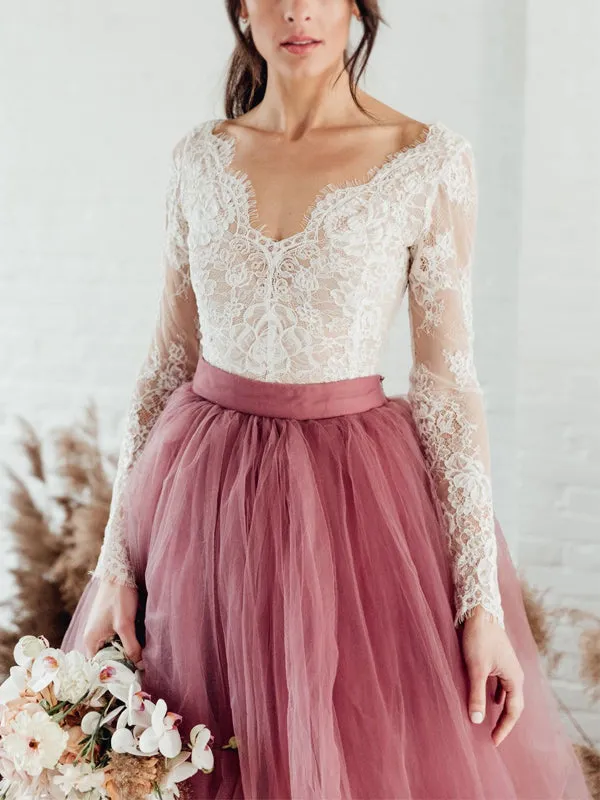 Mulberry Purple V-neck See-through Lace Top Tulle A-line Long Prom Dress, PD3144