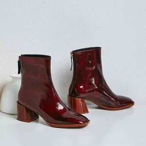 new arrival patent cow leather thick high heels square toe handmade keep warm runway modern show ankle boots