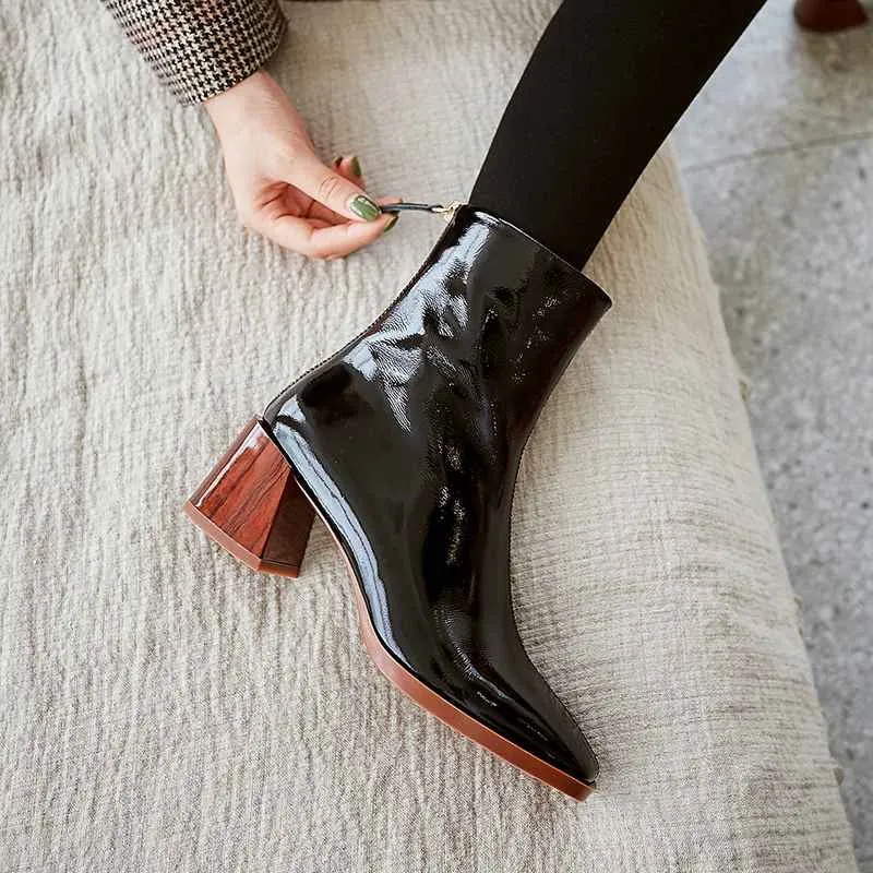 new arrival patent cow leather thick high heels square toe handmade keep warm runway modern show ankle boots