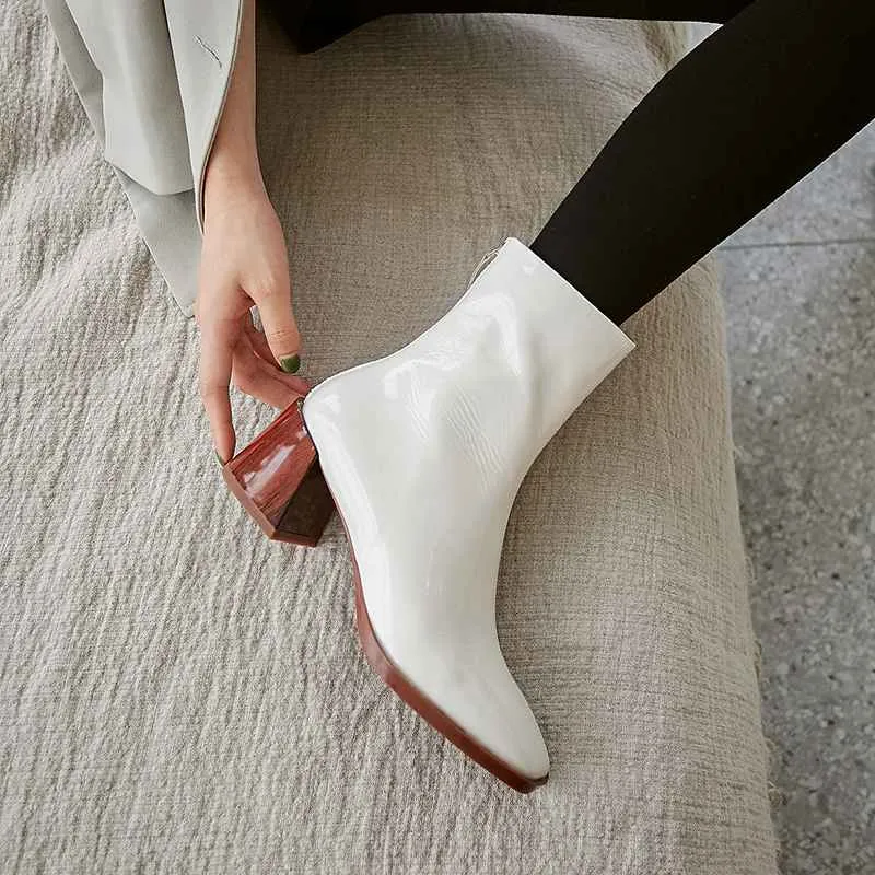 new arrival patent cow leather thick high heels square toe handmade keep warm runway modern show ankle boots