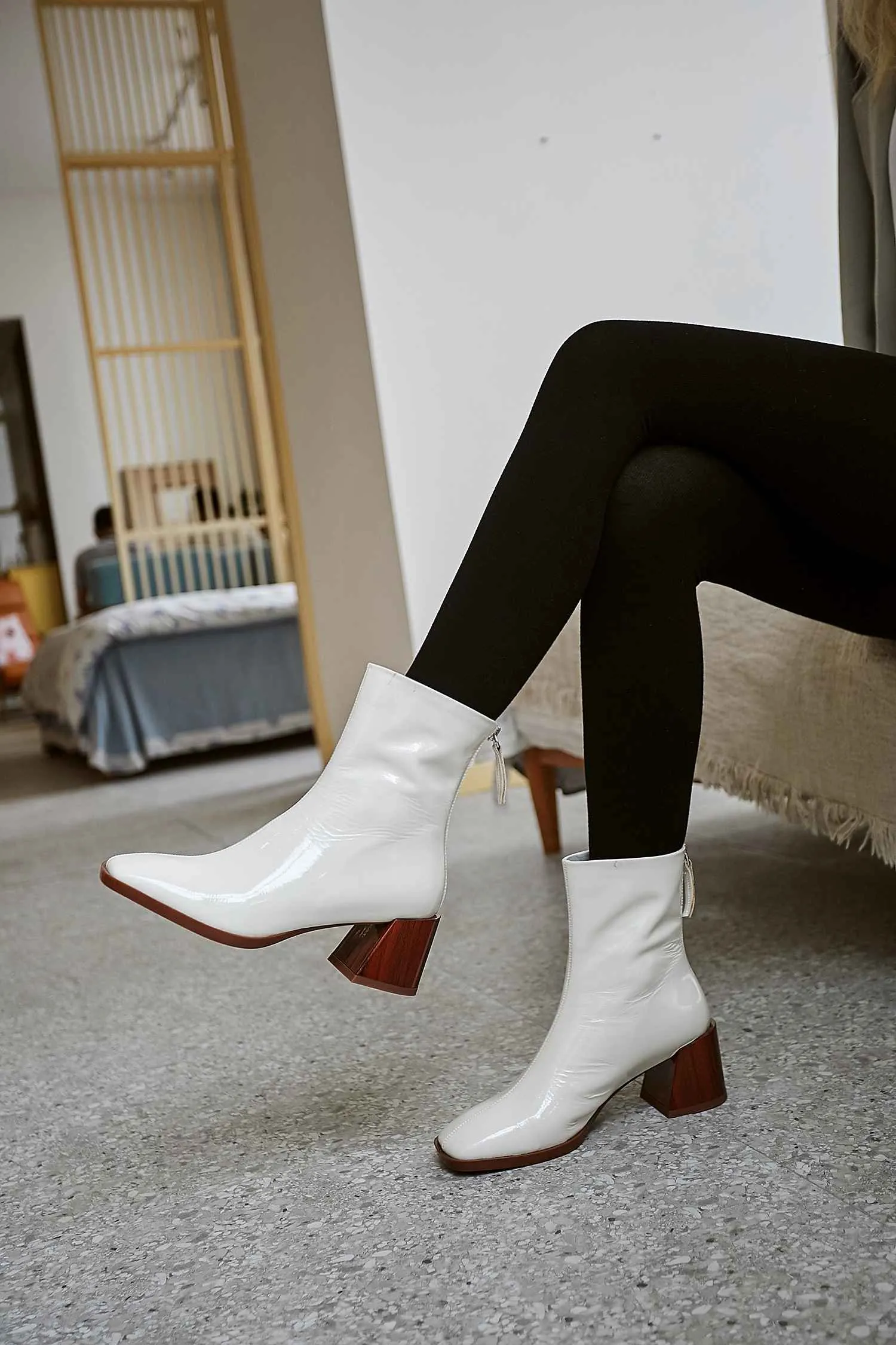 new arrival patent cow leather thick high heels square toe handmade keep warm runway modern show ankle boots