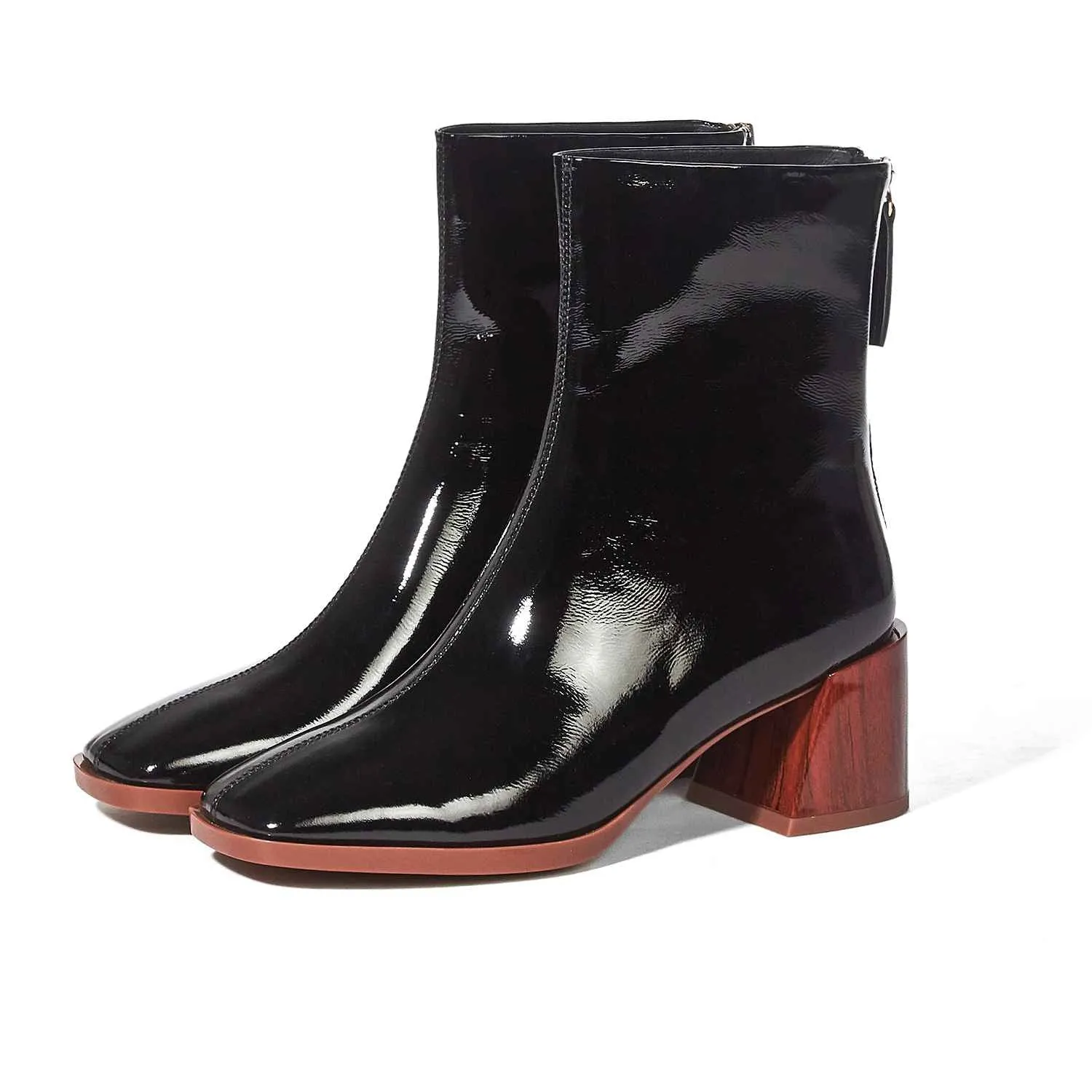 new arrival patent cow leather thick high heels square toe handmade keep warm runway modern show ankle boots