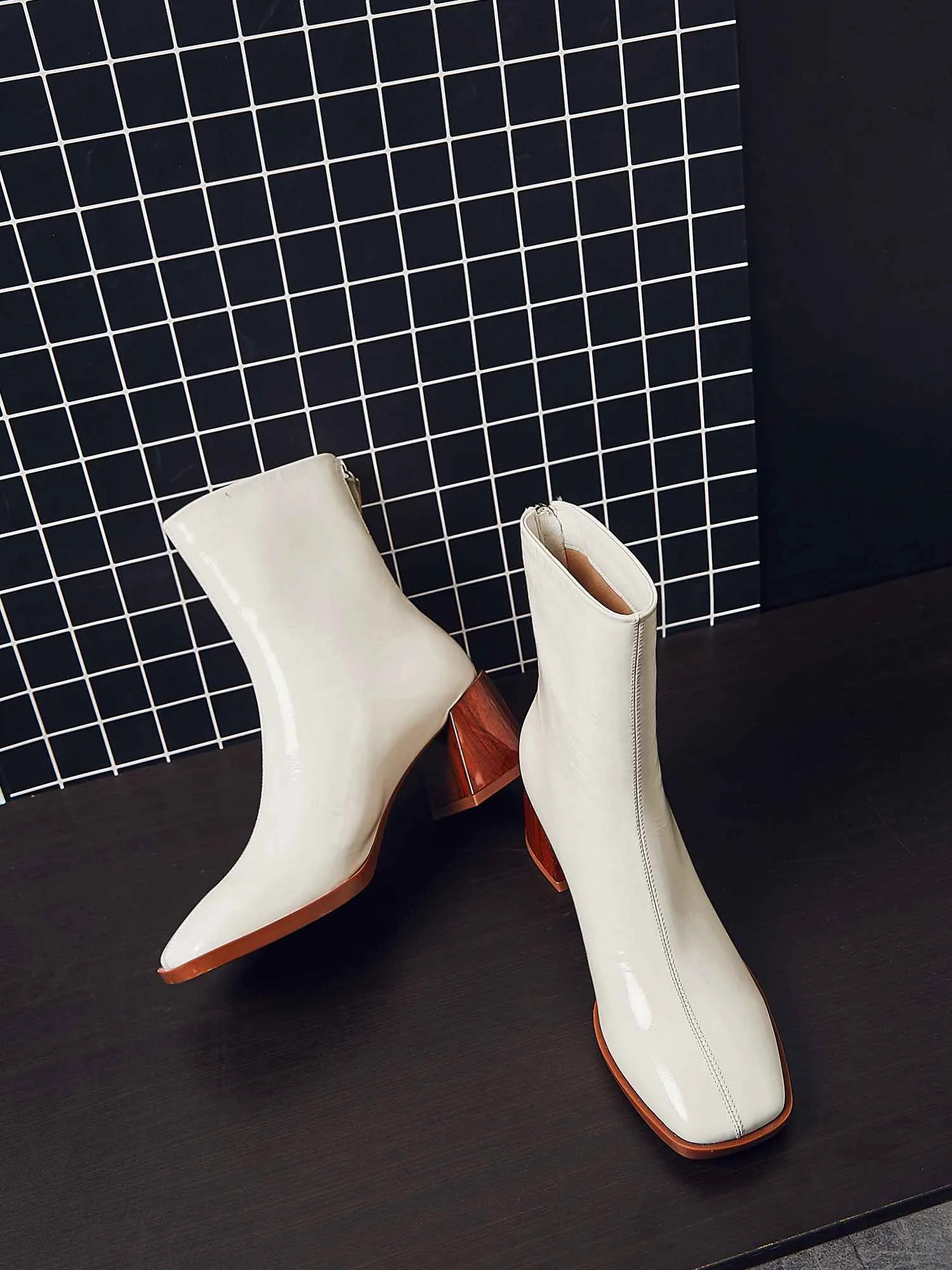 new arrival patent cow leather thick high heels square toe handmade keep warm runway modern show ankle boots