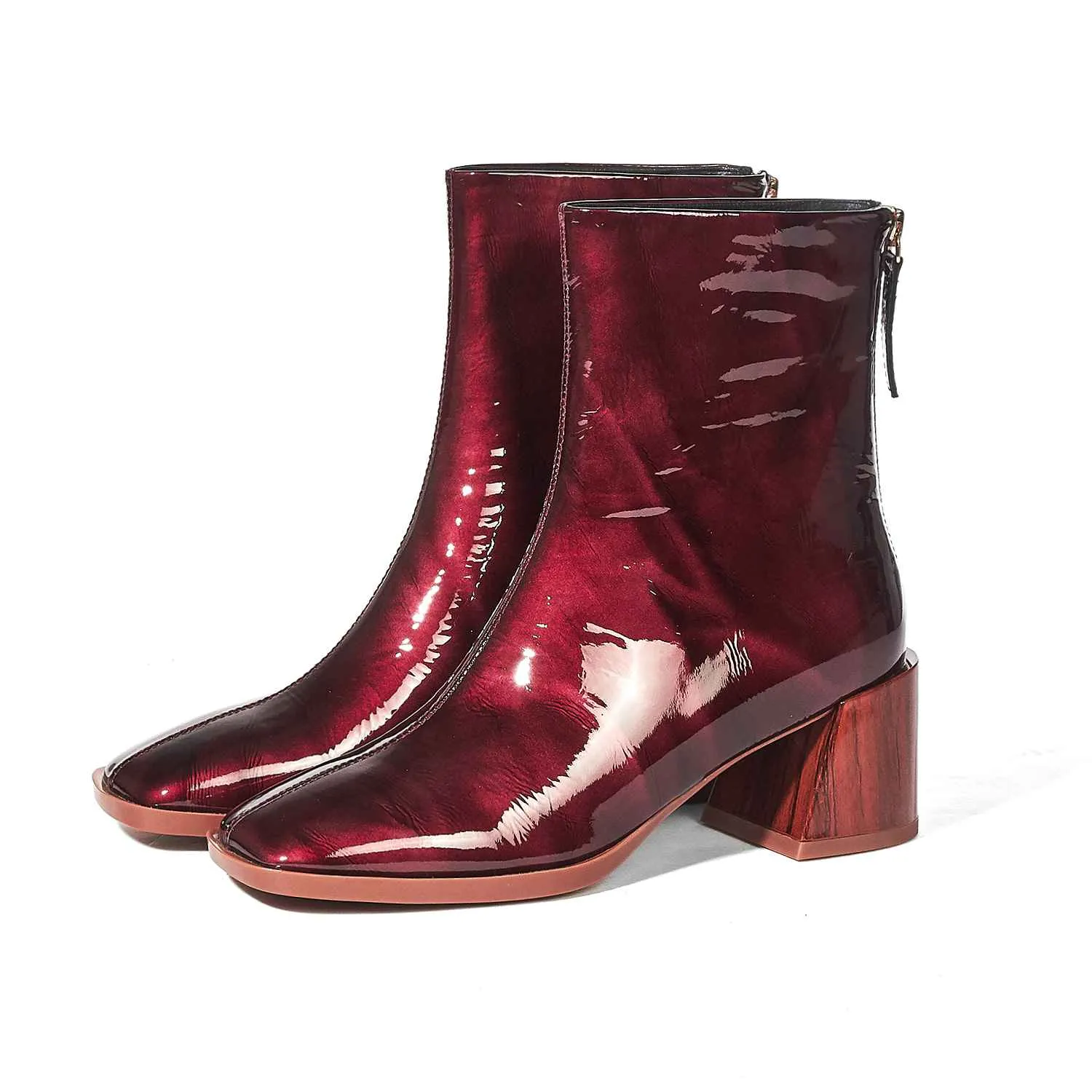 new arrival patent cow leather thick high heels square toe handmade keep warm runway modern show ankle boots
