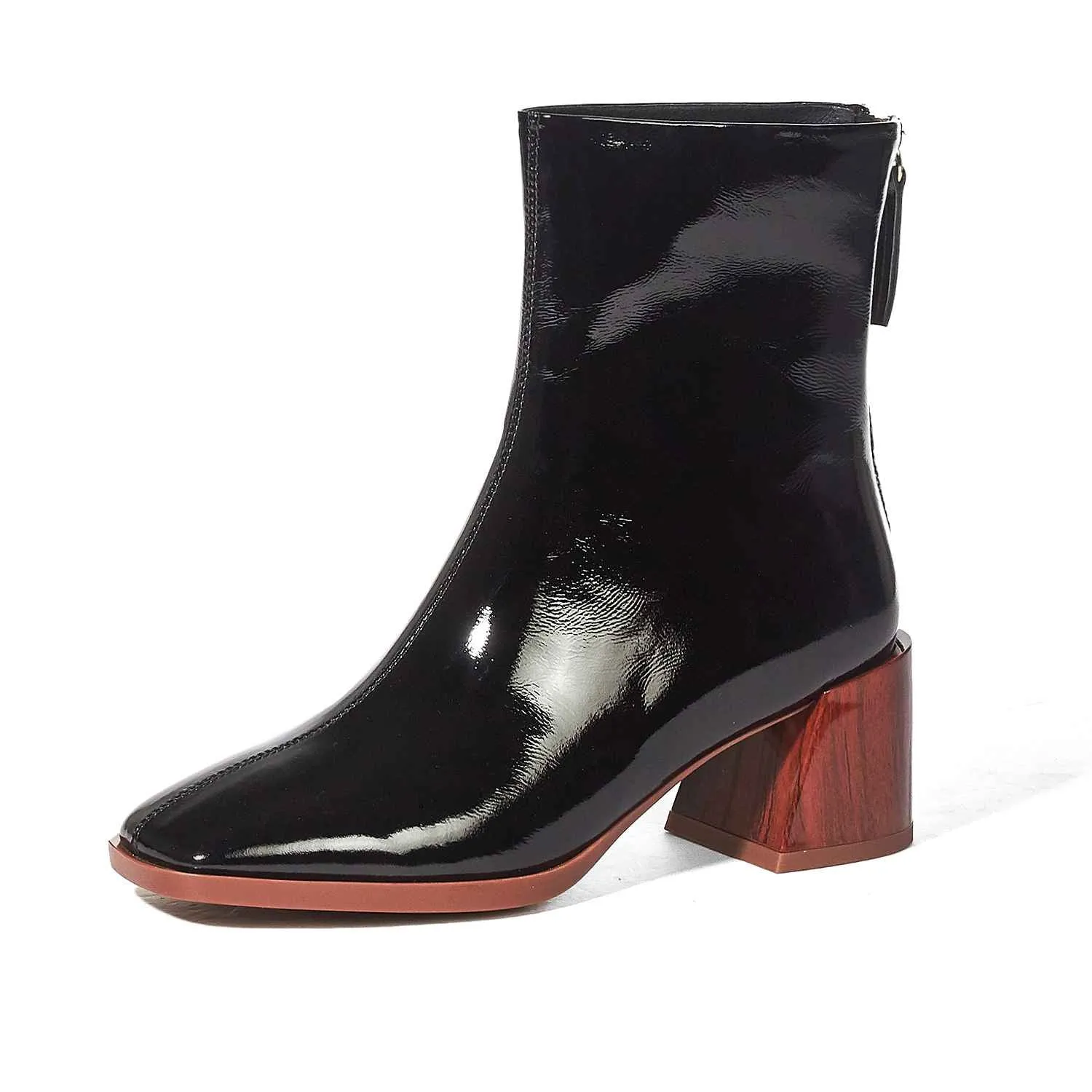 new arrival patent cow leather thick high heels square toe handmade keep warm runway modern show ankle boots