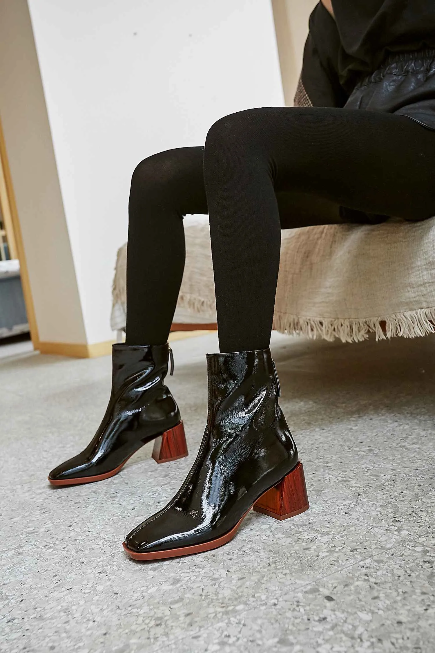 new arrival patent cow leather thick high heels square toe handmade keep warm runway modern show ankle boots