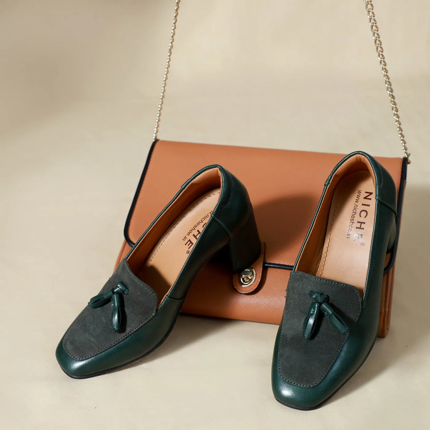 NICHE Women INLove Green Block Heel Tassel Loafers