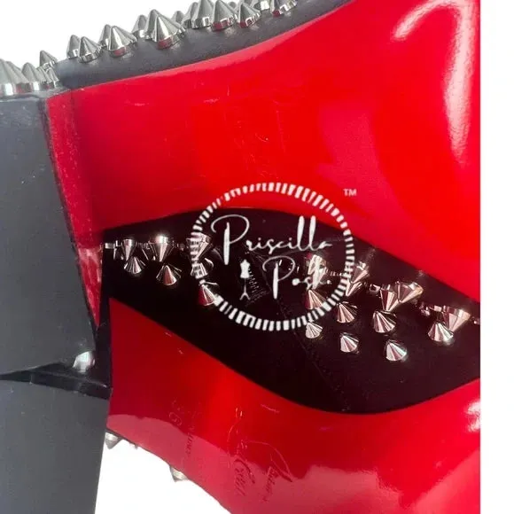 NWB Christian Louboutin Calfskin Louise Capet Spikes 85 Boots Black Silver Stud 36
