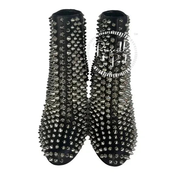 NWB Christian Louboutin Calfskin Louise Capet Spikes 85 Boots Black Silver Stud 36