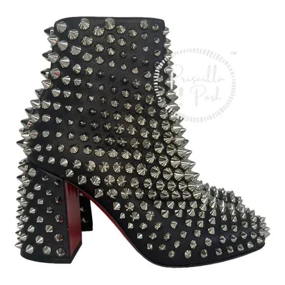 NWB Christian Louboutin Calfskin Louise Capet Spikes 85 Boots Black Silver Stud 36