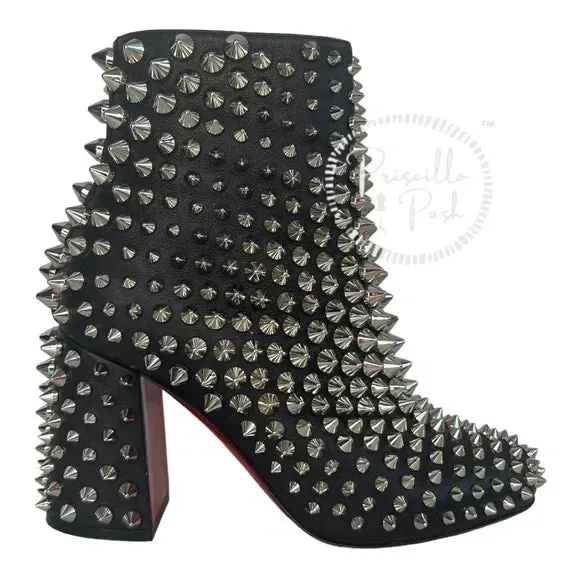 NWB Christian Louboutin Calfskin Louise Capet Spikes 85 Boots Black Silver Stud 36