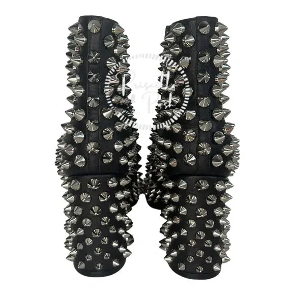 NWB Christian Louboutin Calfskin Louise Capet Spikes 85 Boots Black Silver Stud 36