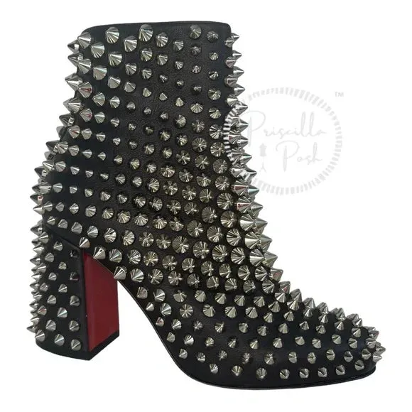 NWB Christian Louboutin Calfskin Louise Capet Spikes 85 Boots Black Silver Stud 36
