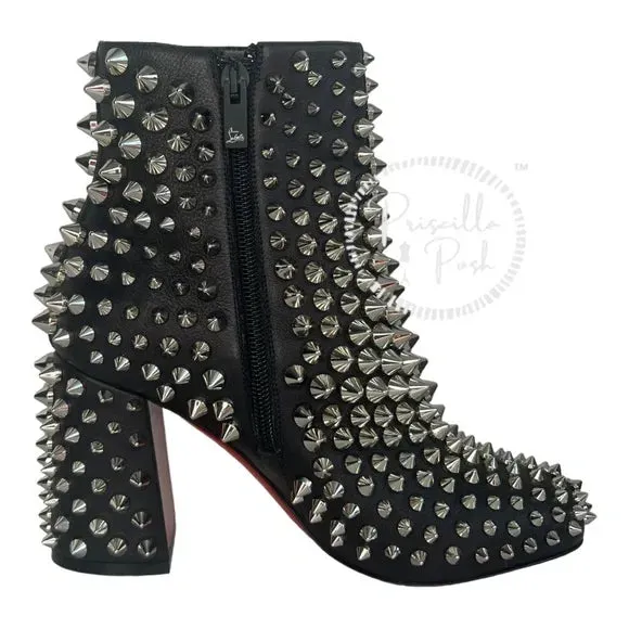 NWB Christian Louboutin Calfskin Louise Capet Spikes 85 Boots Black Silver Stud 36