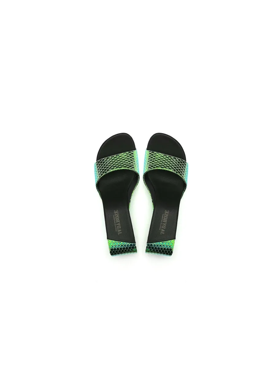 Open Twisted-Heel Leather Slide Sandal - Green