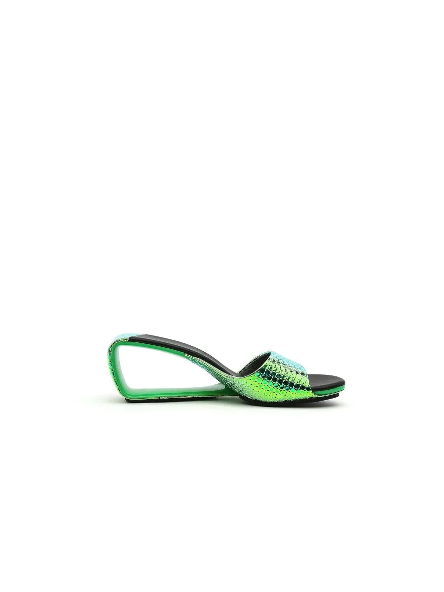 Open Twisted-Heel Leather Slide Sandal - Green