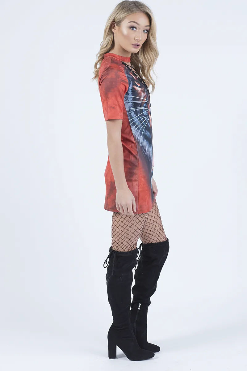 Orange Tiger Lace Up T-Shirt Dress - Brooke