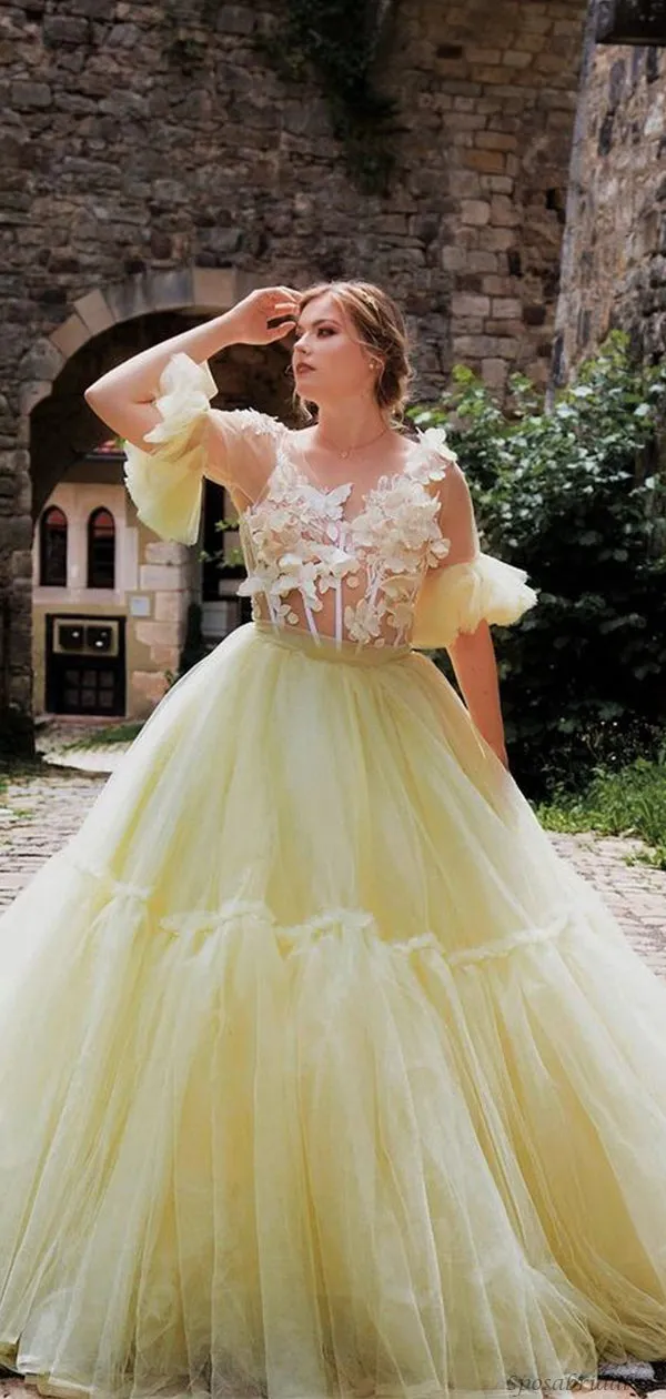 Pale Yellow Short Ruffle Sleeves Floral Top A-line Tulle Long Porm Dress, PD3293